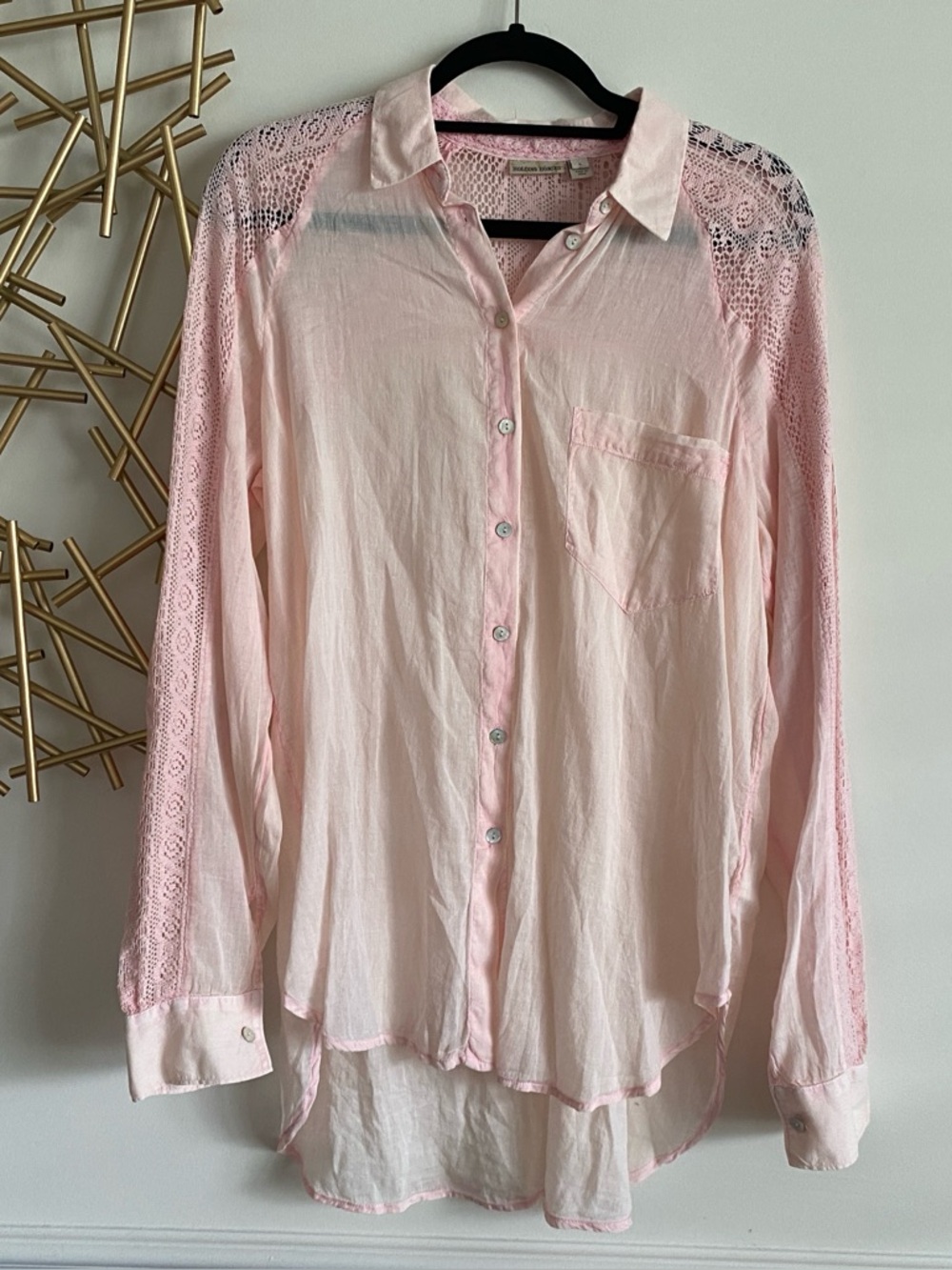 Holding Horses Anthropologie Light Pink Lace Long Sleeve Button Down Tunic Top L